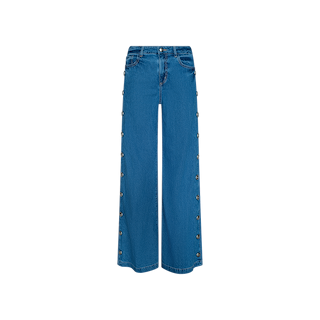 Introducing the Jennings Snap Wide-Leg Jean: high-rise wide-leg jeans crafted from featherweight denim, featuring snap button details along the outer seams of both legs. These jeans include front and back pockets, a button and zip closure, and are shown against a white background.