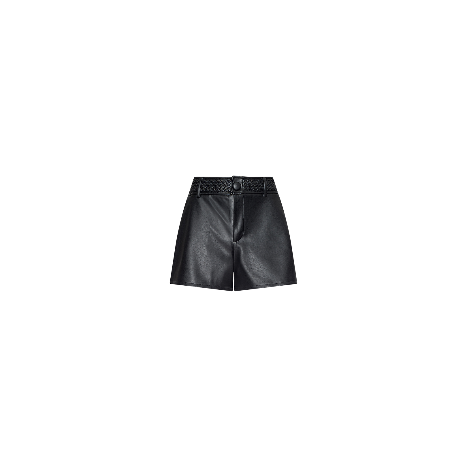 Virelle Short: Black high-rise vegan leather shorts featuring a textured waistband and front button closure, displayed against a plain white background.