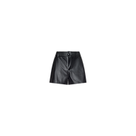 Virelle Short: Black high-rise vegan leather shorts featuring a textured waistband and front button closure, displayed against a plain white background.