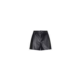 Virelle Short: Black high-rise vegan leather shorts featuring a textured waistband and front button closure, displayed against a plain white background.