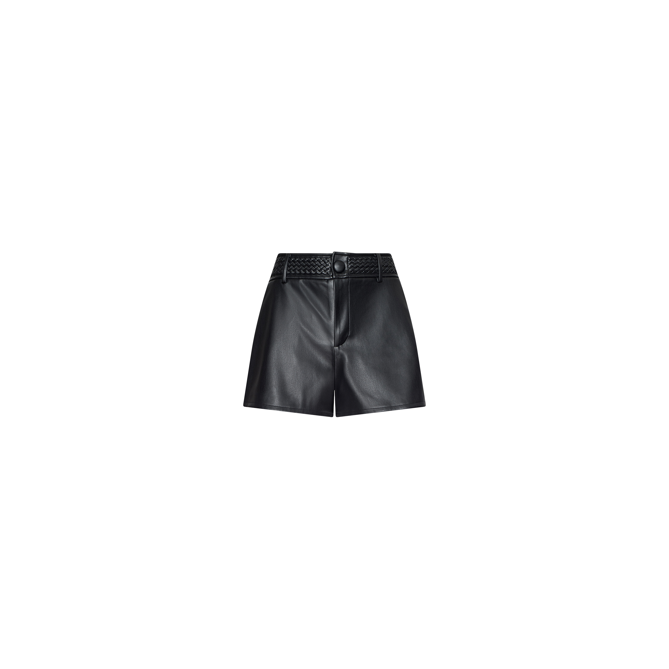 Virelle Short: Black high-rise vegan leather shorts featuring a textured waistband and front button closure, displayed against a plain white background.