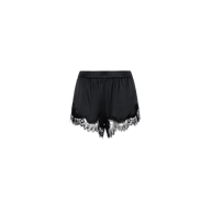 The Joy Silk Lace Short features a sleek black satin design with delicate lace detailing along the hem and sides, making it an ideal choice for warm-weather style, shown here against a plain white background.