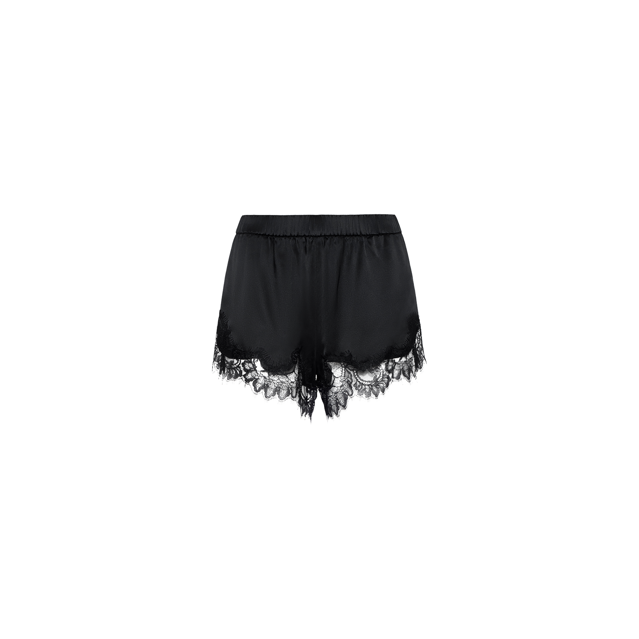 The Joy Silk Lace Short features a sleek black satin design with delicate lace detailing along the hem and sides, making it an ideal choice for warm-weather style, shown here against a plain white background.