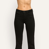 A person wearing black slim-cut flare Her Story Flare Jean.