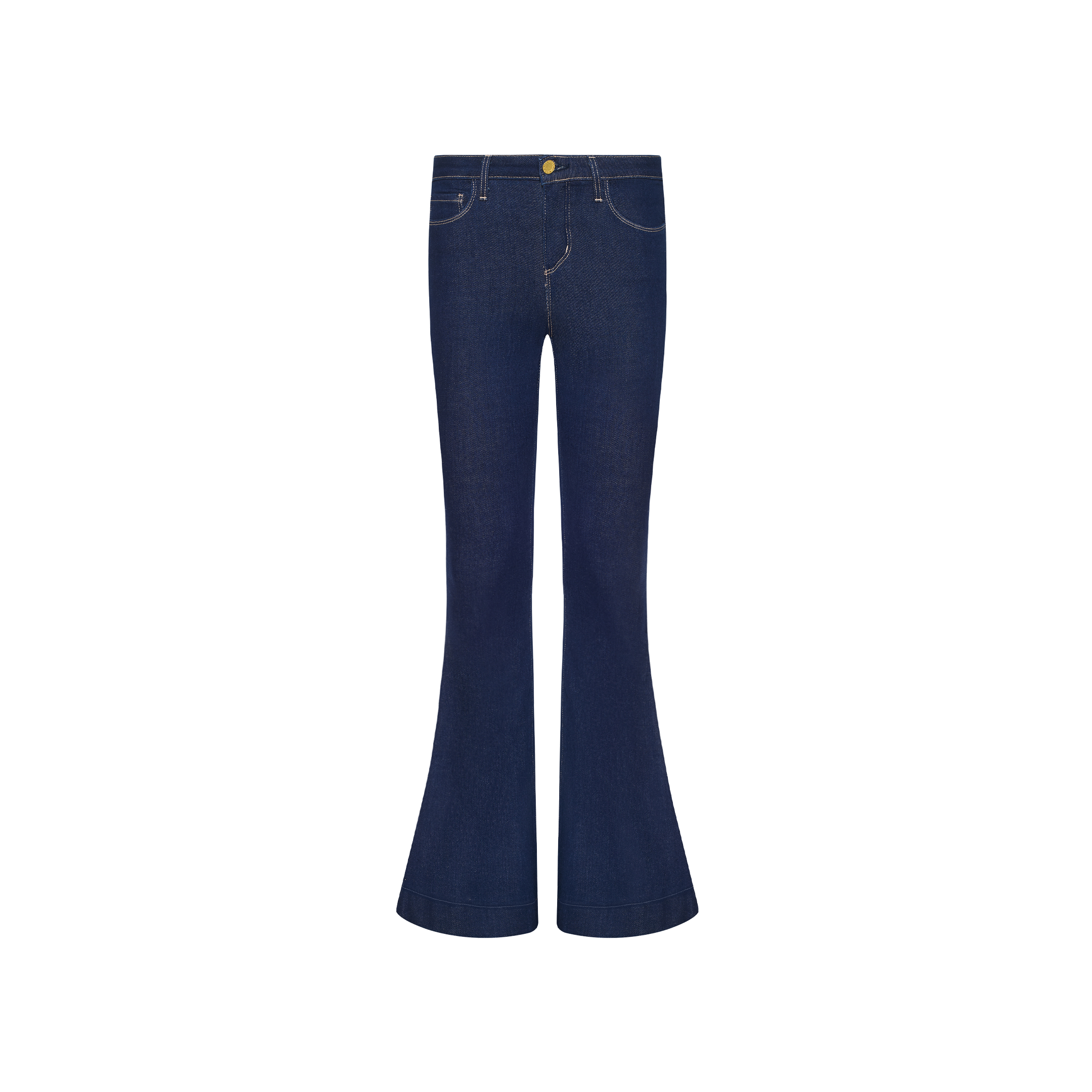 Her Story Flare Jean in dark wash indigo, featuring a low-rise, slim-cut flare silhouette.