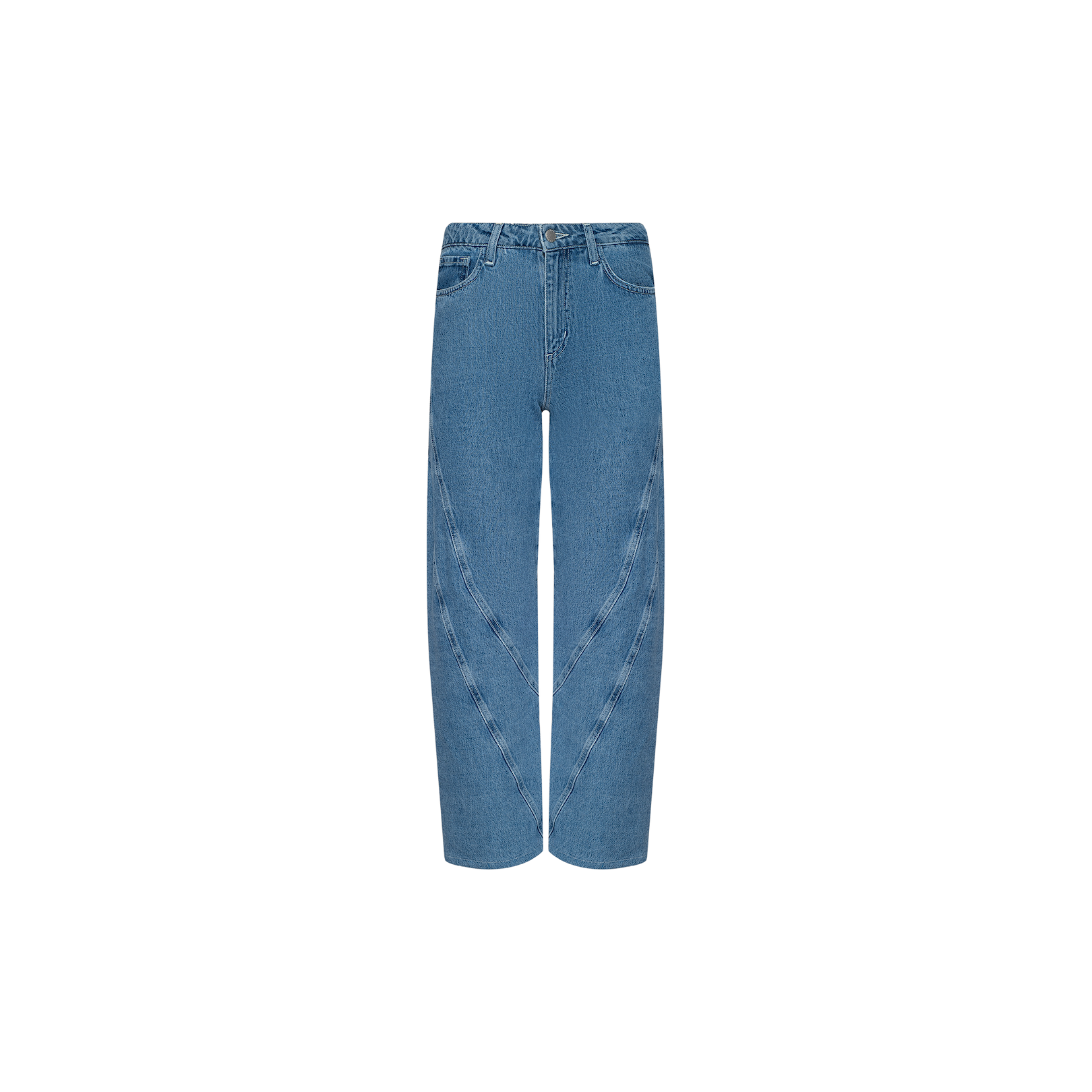 Frasier Rodeo Jean — High-rise, wide-leg blue jeans with a distinctive V-shaped seam pattern on the front, featuring standard pockets and belt loops. Displayed against a plain white background.