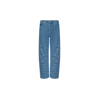 The Frasier Rodeo Jean is a high-rise, straight-leg blue denim featuring a unique V-shaped seam pattern on the front, with classic pockets and belt loops, displayed on a plain white background.