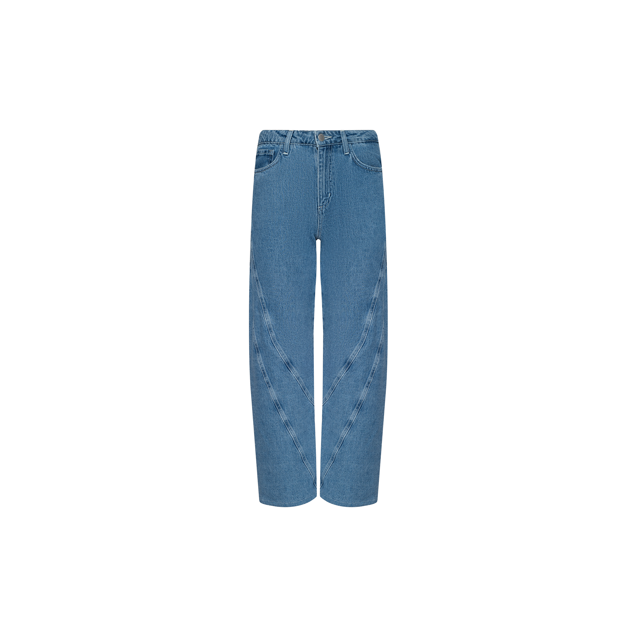 Frasier Rodeo Jean — High-rise, wide-leg blue jeans with a distinctive V-shaped seam pattern on the front, featuring standard pockets and belt loops. Displayed against a plain white background.