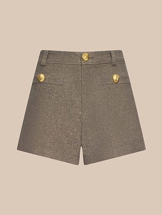 The Dionne Tweed Short in brown Italian Lurex tweed features a high-waisted design with gold buttons, two front pockets, and belt loops, displayed against a plain beige background.