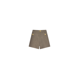The Dionne Tweed Short is a high-waisted brown short, crafted from luxurious Italian Lurex tweed with a subtle shimmer. It features a front button closure and two gold buttons on the pockets, shown against a plain white background.