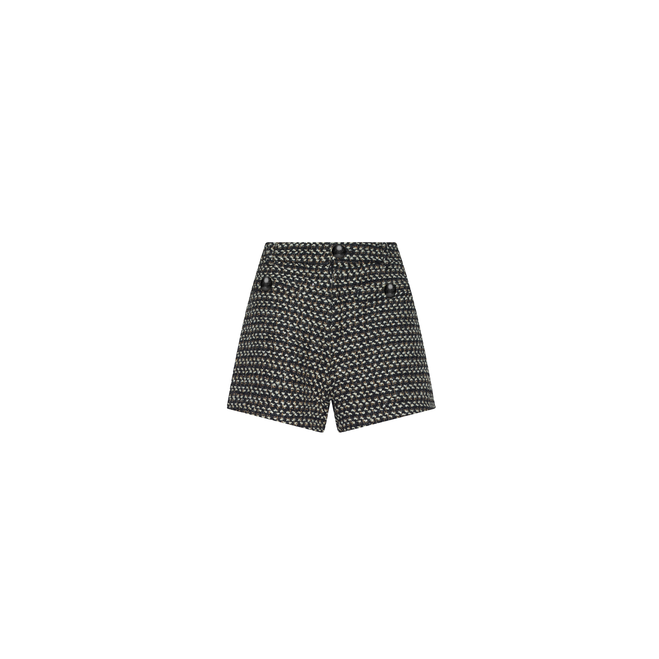 Dionne Tweed Short featuring a high-waisted, wool-blend tweed design with a patterned texture and three decorative black buttons.