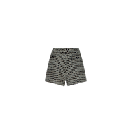 Dionne Tweed Short featuring a high-waisted, wool-blend tweed design with a patterned texture and three decorative black buttons.