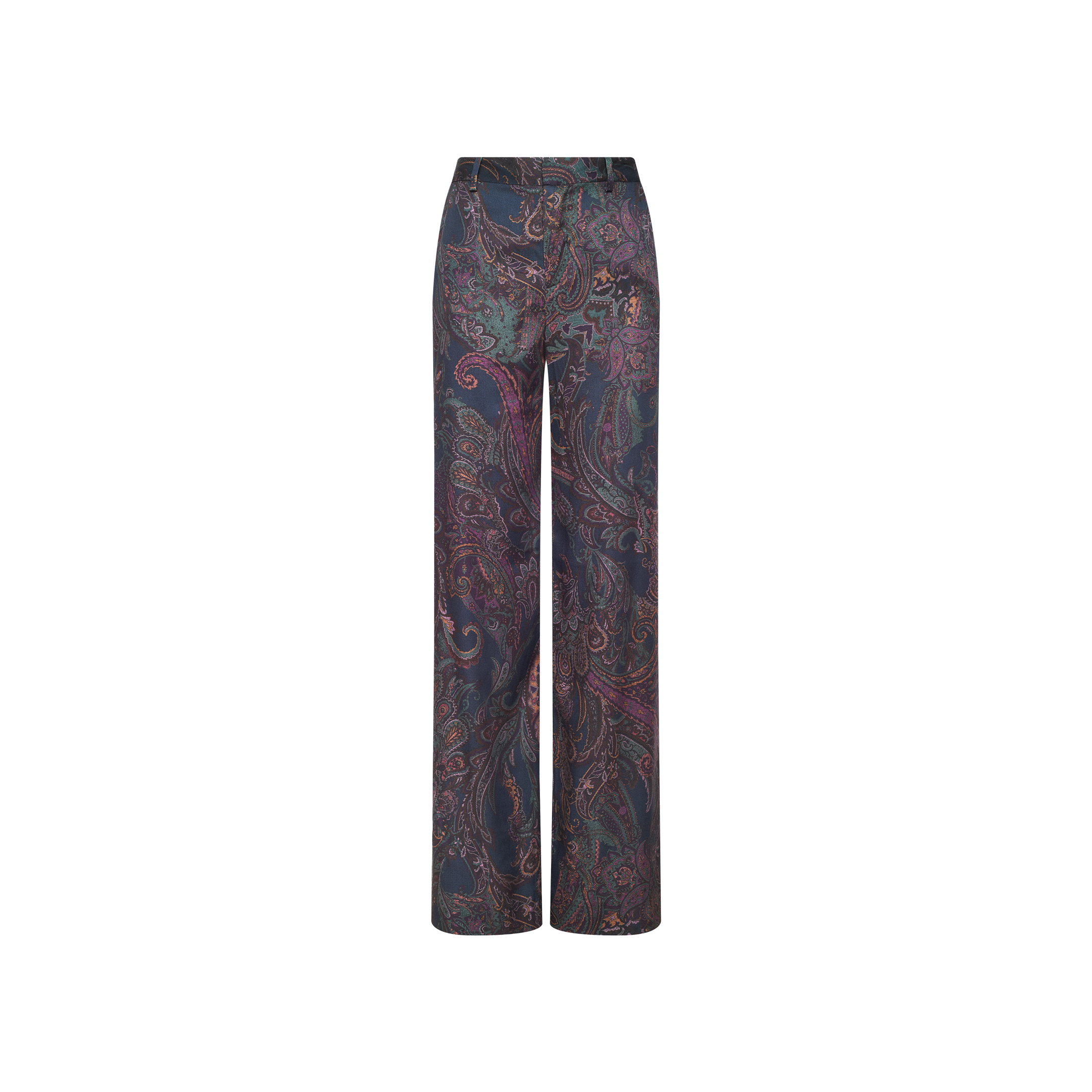 Livvy Trouser: High-rise, wide-leg trousers featuring a midnight paisley pattern on a dark background, displayed on a plain white surface.