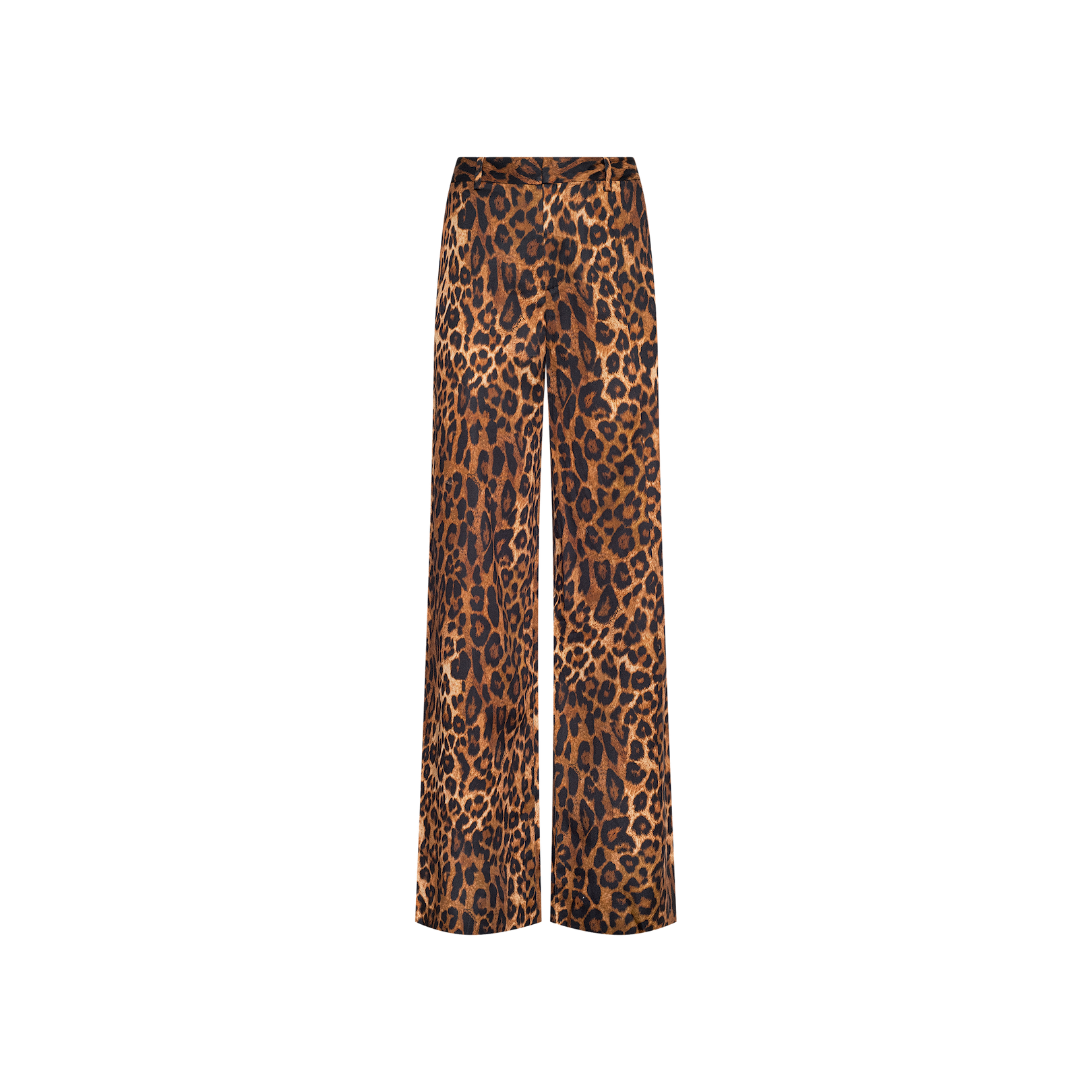 The Livvy Trouser is crafted from printed twill and features a bold tan leopard print in deep brown and black tones, displayed against a plain white background.