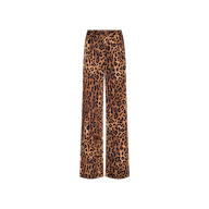 The Livvy Trouser showcases a bold, all-over tan leopard print in brown and black shades, crafted from printed twill and presented against a plain white background.