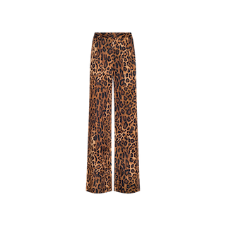 The Livvy Trouser is crafted from printed twill and features a bold tan leopard print in deep brown and black tones, displayed against a plain white background.