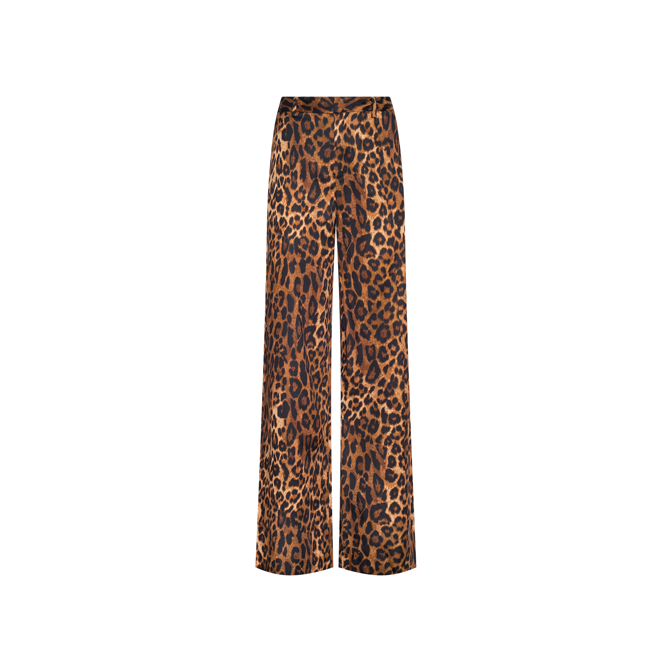 The Livvy Trouser showcases a bold, all-over tan leopard print in brown and black shades, crafted from printed twill and presented against a plain white background.