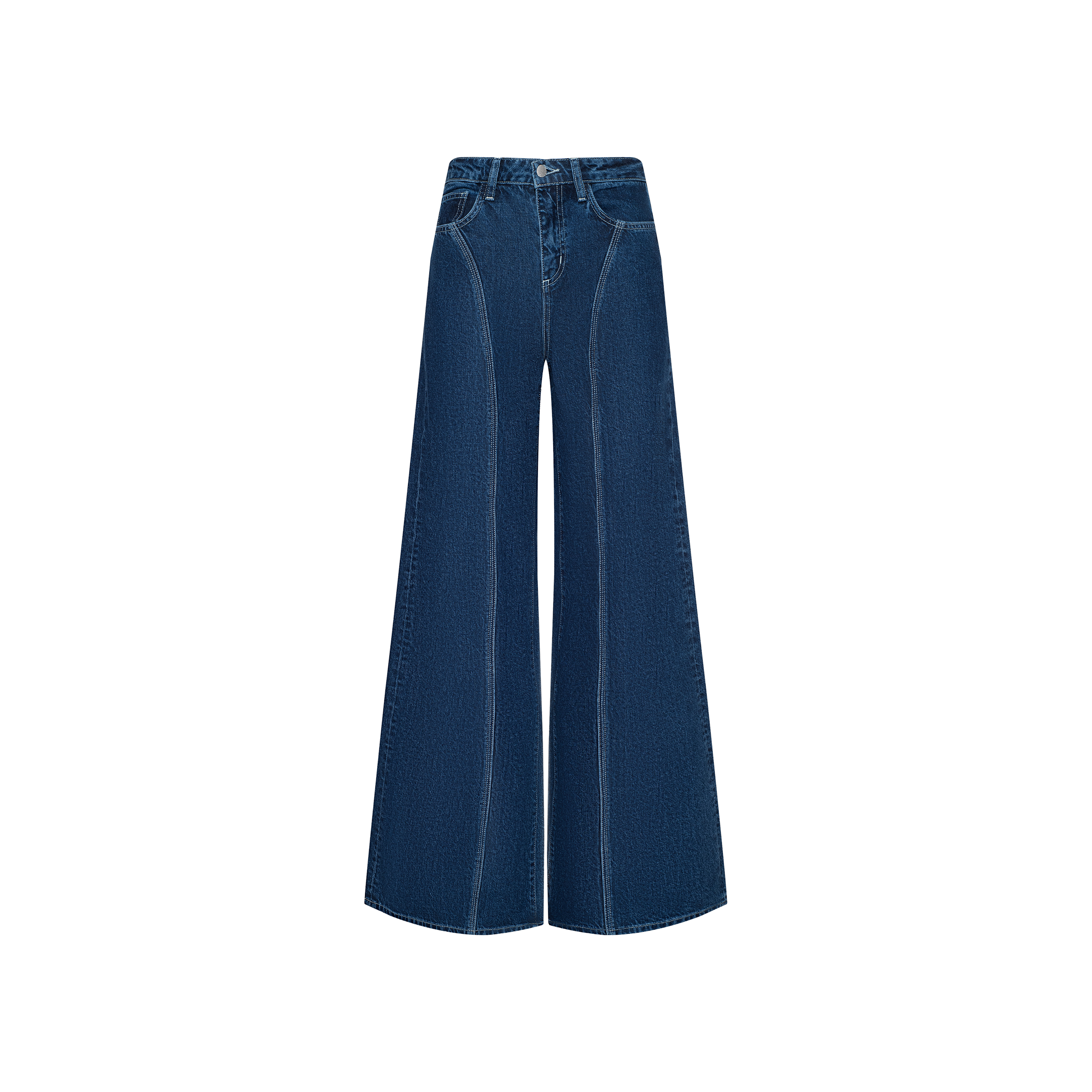 The Lestat Wide-Leg Jean is crafted from all-cotton denim in a high-rise silhouette, showcasing prominent white stitching and presented against a plain white background.