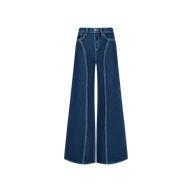 The Lestat Wide-Leg Jean is crafted from all-cotton denim in a high-rise silhouette, showcasing prominent white stitching and presented against a plain white background.