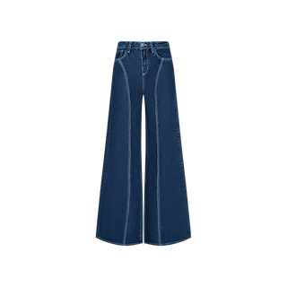 Lestat Wide-Leg Jean in blue all-cotton denim features prominent white stitching, a high-rise waist, front button closure, and belt loops, displayed on a plain white background.