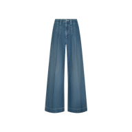 The Jayani Pleated Wide-Leg Jean is crafted from featherweight denim with a high-rise, wide-leg silhouette, featuring visible front seams and a front button and zipper closure, displayed on a plain white background.
