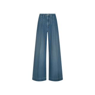 The Jayani Pleated Wide-Leg Jean in blue features a wide-leg silhouette, crafted from featherweight denim with front seams, a high-rise waist with belt loops, and a button closure, showcased against a plain white background.