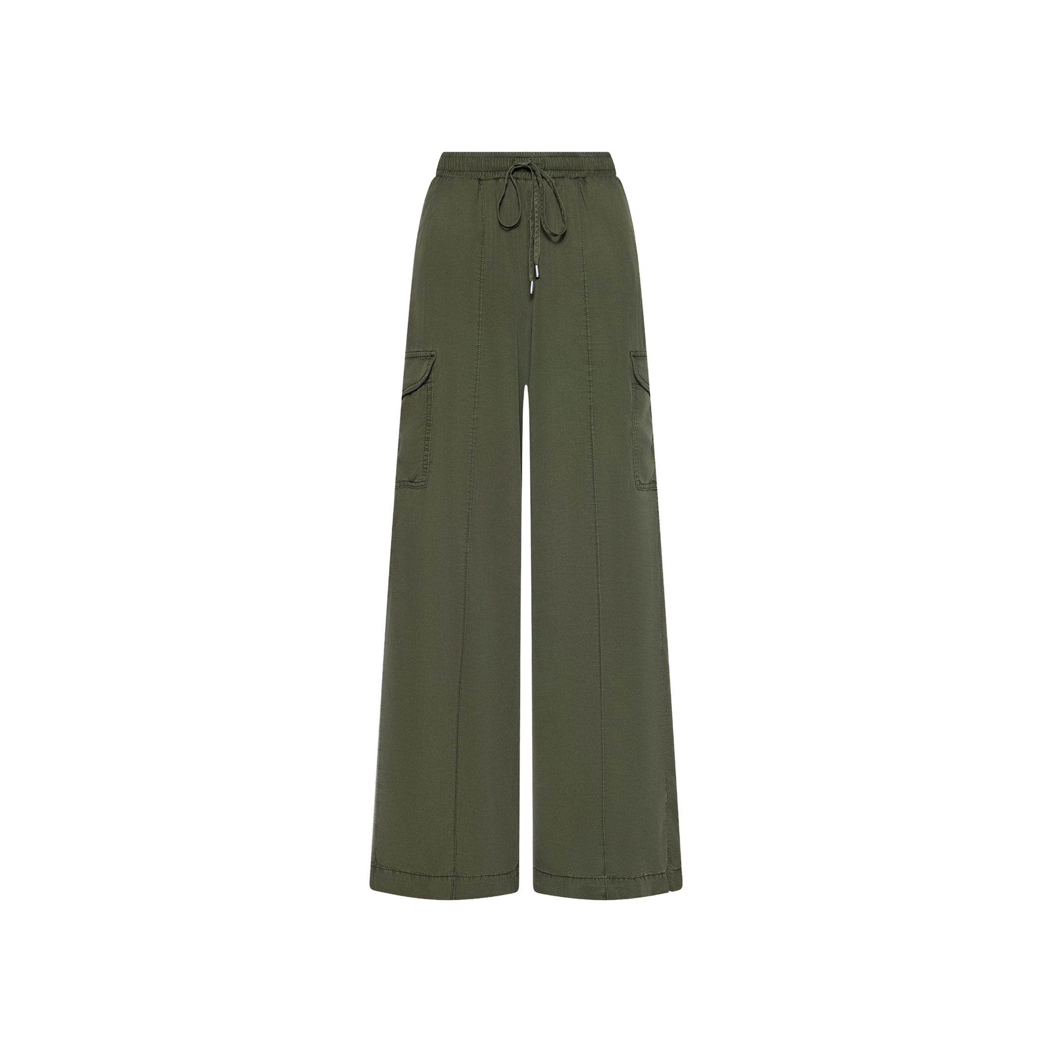 The Chandler Cargo Pant in olive green features a wide-leg design, drawstring waist, and two large side pockets, shown against a white background.