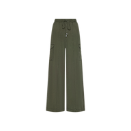 The Chandler Cargo Pant in olive green features a wide-leg design, drawstring waist, and two large side pockets, shown against a white background.