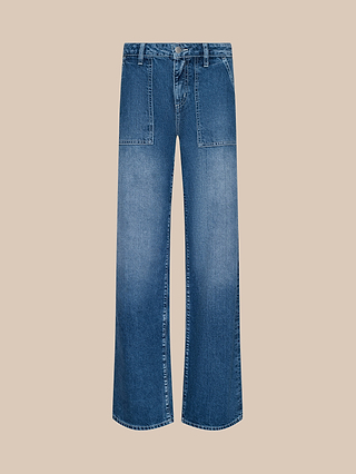 The Christel Wide-Leg Jean is crafted from all-cotton blue denim, featuring large front patch pockets and a classic button and zip closure, displayed on a plain beige background.