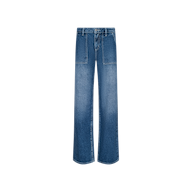 The Christel Wide-Leg Jean features a wide-leg cut in blue denim with a high-rise waist, front button and zip closure, and patch front pockets, shown on a plain white background.