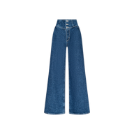 The Sonja Corset Jean features an ultra high-rise, wide-leg blue denim design with a corset waistband and three front buttons, crafted for a fitted silhouette and displayed against a plain white background.