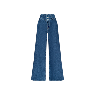 The Sonja Corset Jean is an ultra high rise, wide-leg blue jean with a corset-inspired waistband, featuring three front buttons and a fitted waist, displayed on a white background.