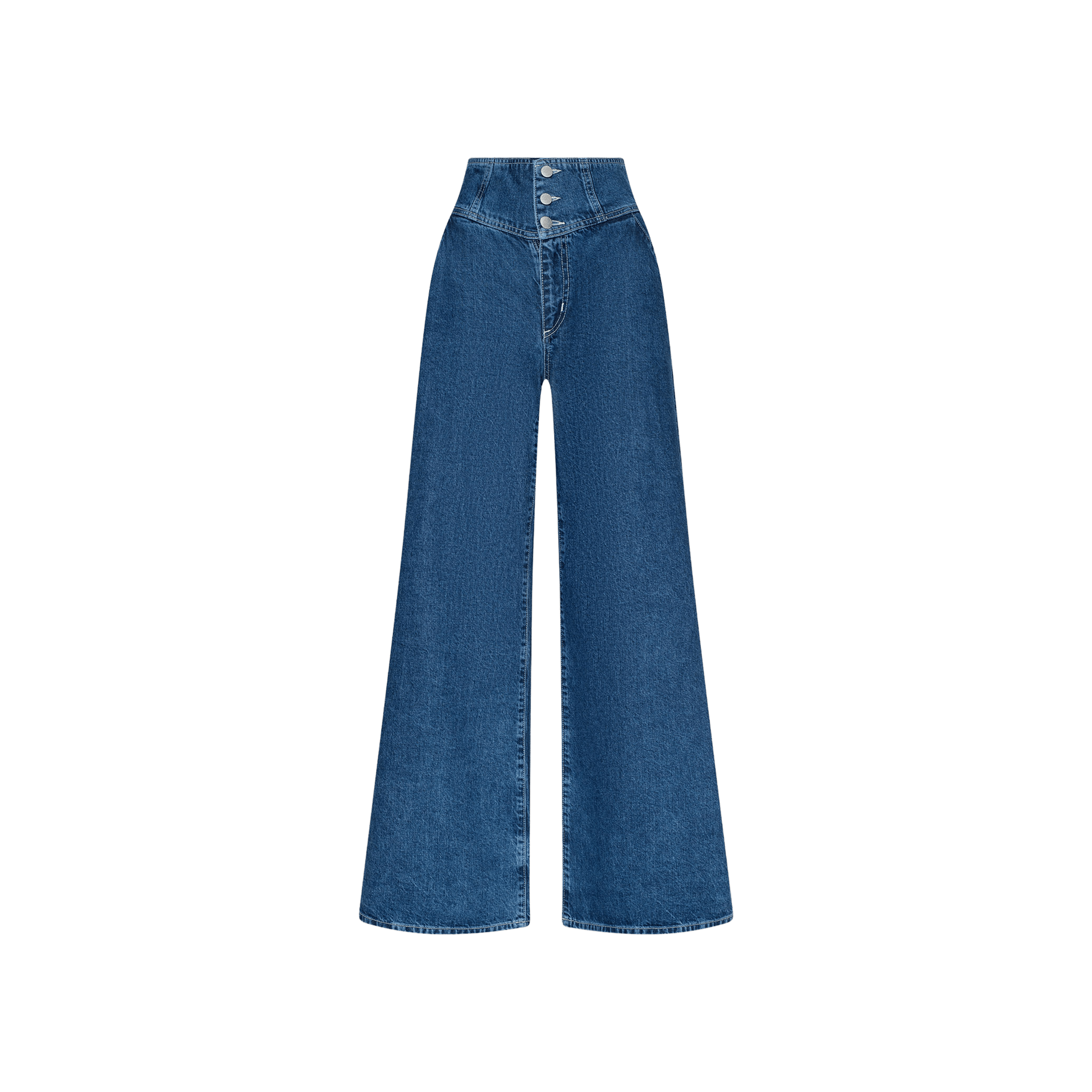The Sonja Corset Jean features an ultra high-rise, wide-leg blue denim design with a corset waistband and three front buttons, crafted for a fitted silhouette and displayed against a plain white background.