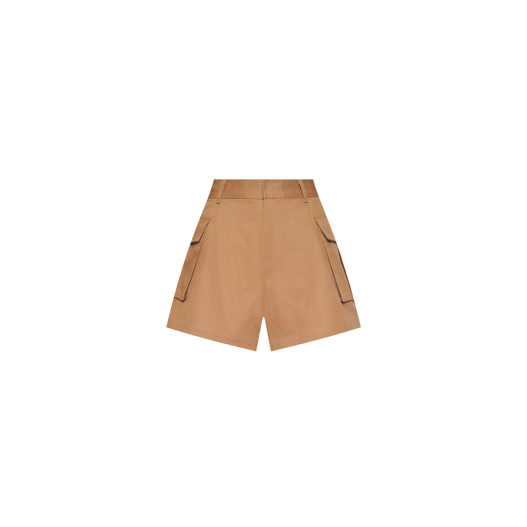 The Clairmont Cargo Short features a tan high-waisted design with wide legs, belt loops, and two large side pockets—ideal for chic presentations or Spring 2027 Paris-inspired looks.