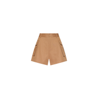 The Clairmont Cargo Short features a tan high-waisted design with wide legs, belt loops, and two large side pockets—ideal for chic presentations or Spring 2027 Paris-inspired looks.