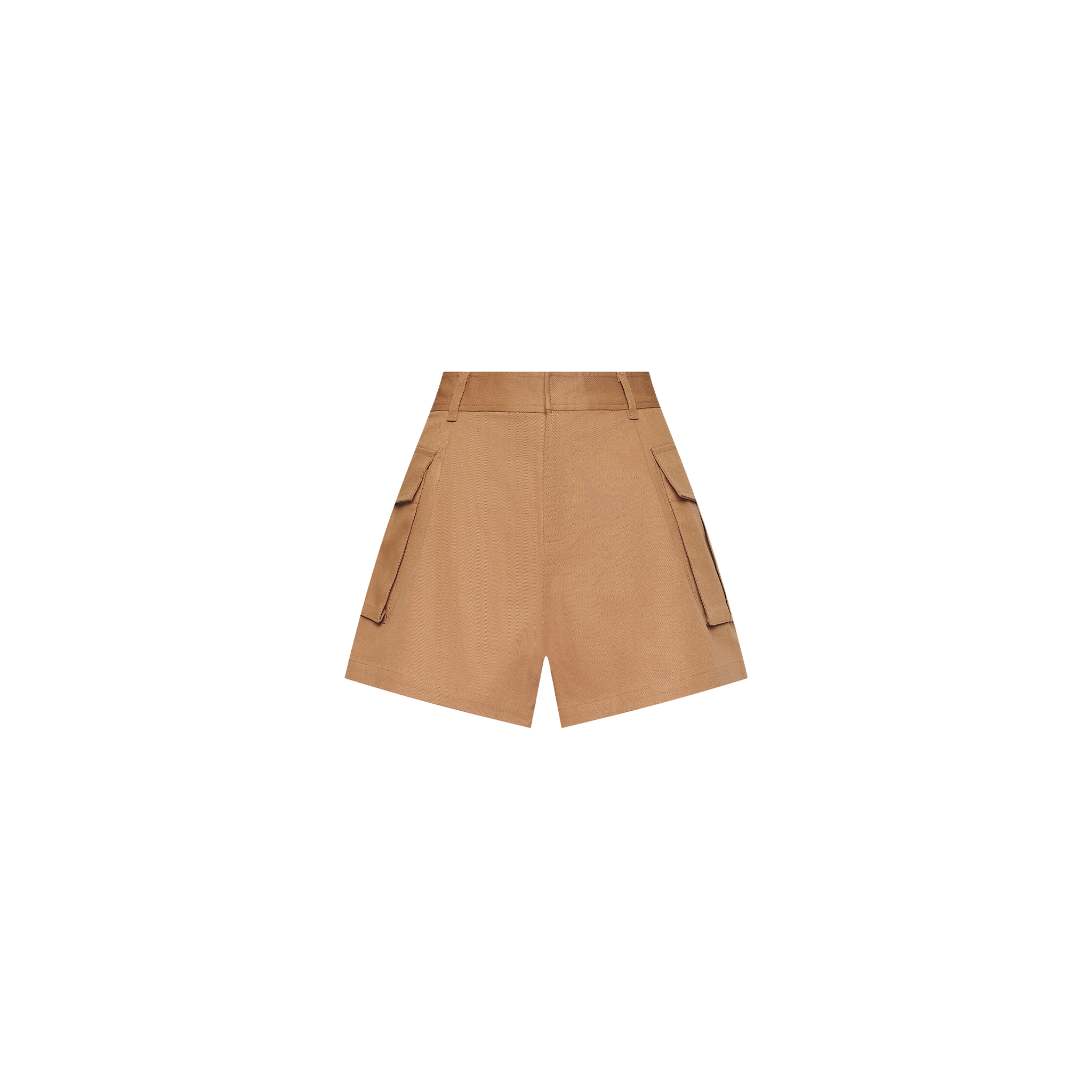 The Clairmont Cargo Short features a tan high-waisted design with wide legs, belt loops, and two large side pockets—ideal for chic presentations or Spring 2027 Paris-inspired looks.
