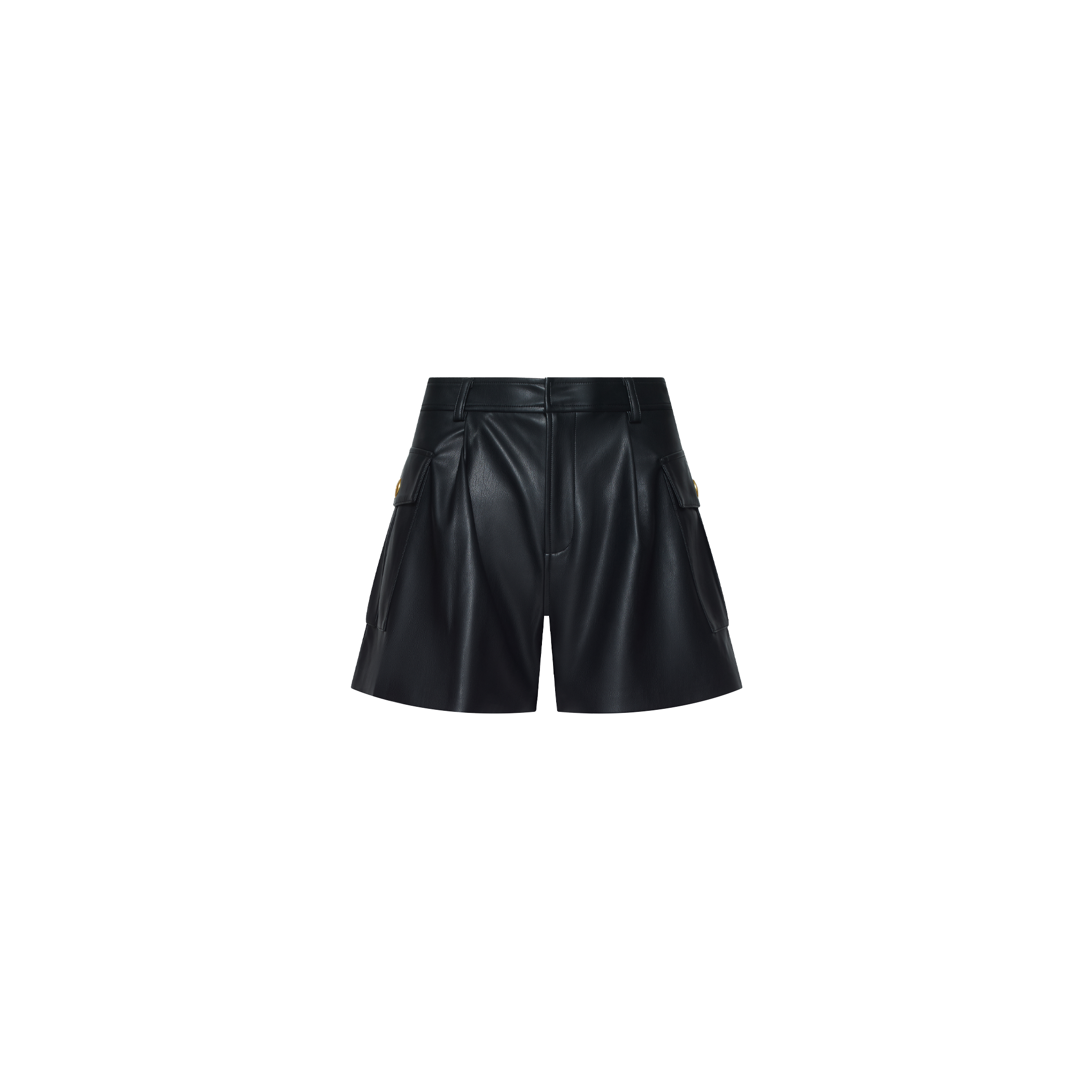 Clairmont Vegan Leather Short in a high-rise fit featuring cargo pockets and button details.