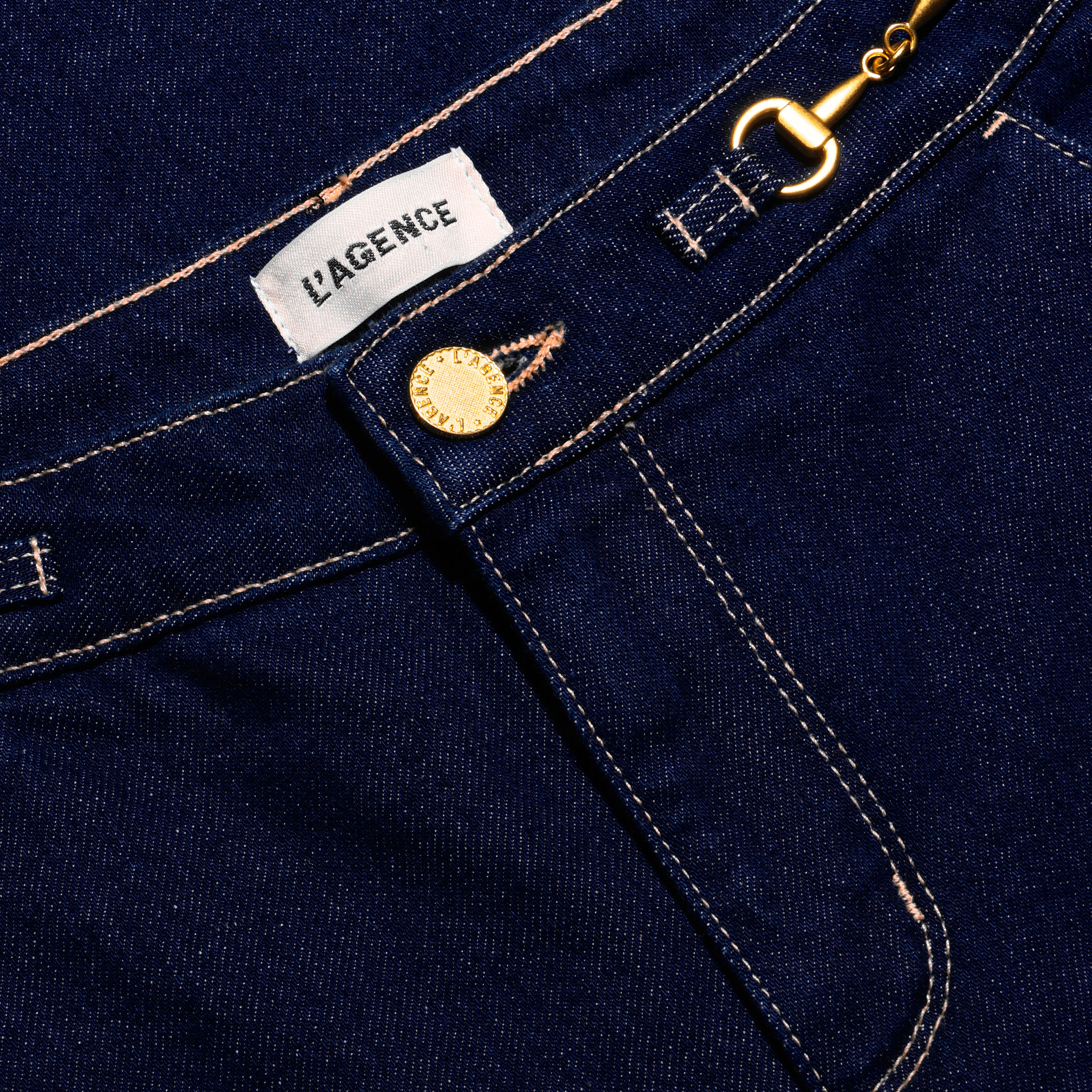 Close-up of Jules Wide-Leg Jean in dark wash, featuring a high-rise fit, gold-tone hardware, and contrast stitching.