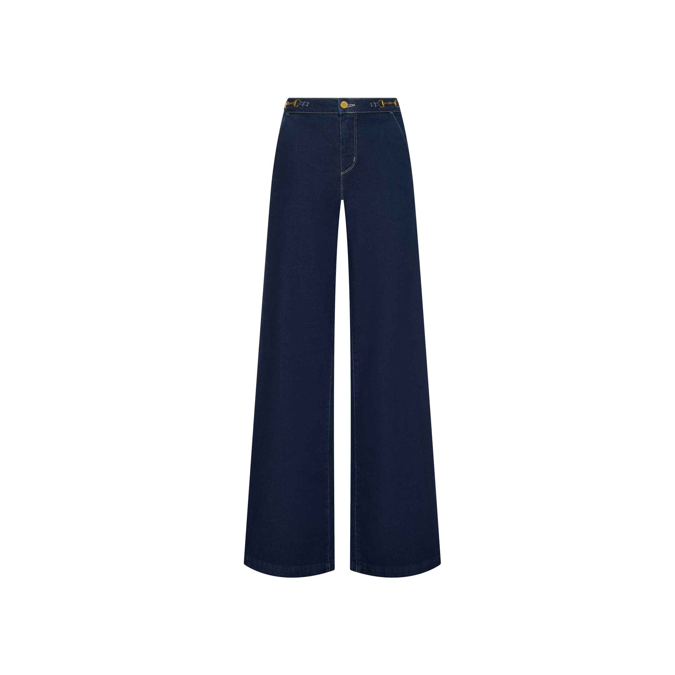 Jules Wide-Leg Jean in dark wash denim featuring a gold-tone horsebit detail at the high-rise waistband.