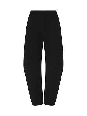 The Colby Barrel-Leg Trouser features a high waist, subtle front seams, and a gently tapered straight silhouette with belt loops for NYFW-inspired Fall 2026 style, shown here in black against a white background.