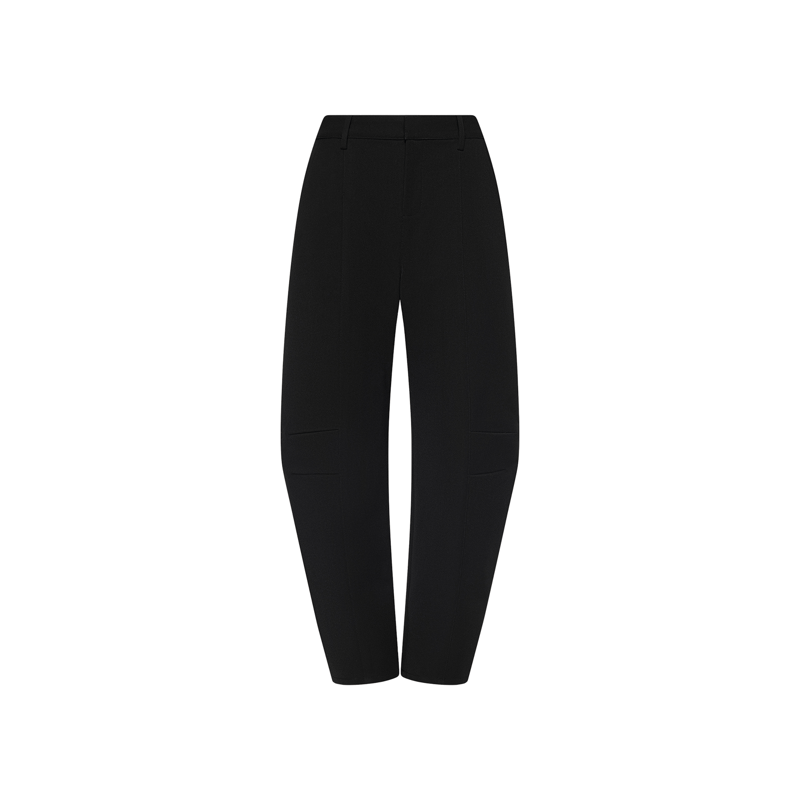 The Colby Barrel-Leg Trouser is a black, high-waisted straight-leg design displayed on a plain white background. These power suit pants offer a tailored fit with belt loops, a flat front, and no visible pockets or embellishments.