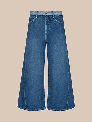 The Bronte Cropped Wide-Leg Jean showcases a high waistband and a cropped, wide-leg silhouette, crafted from blue denim and set against a neutral beige background. Featuring front pockets, a button closure, and prominent stitching, these jeans blend modern style with timeless detailing.