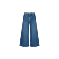 The Bronte Cropped Wide-Leg Jean features a high waistband, flared legs, front pockets, a button closure, and visible stitching in blue denim, shown against a plain white background.