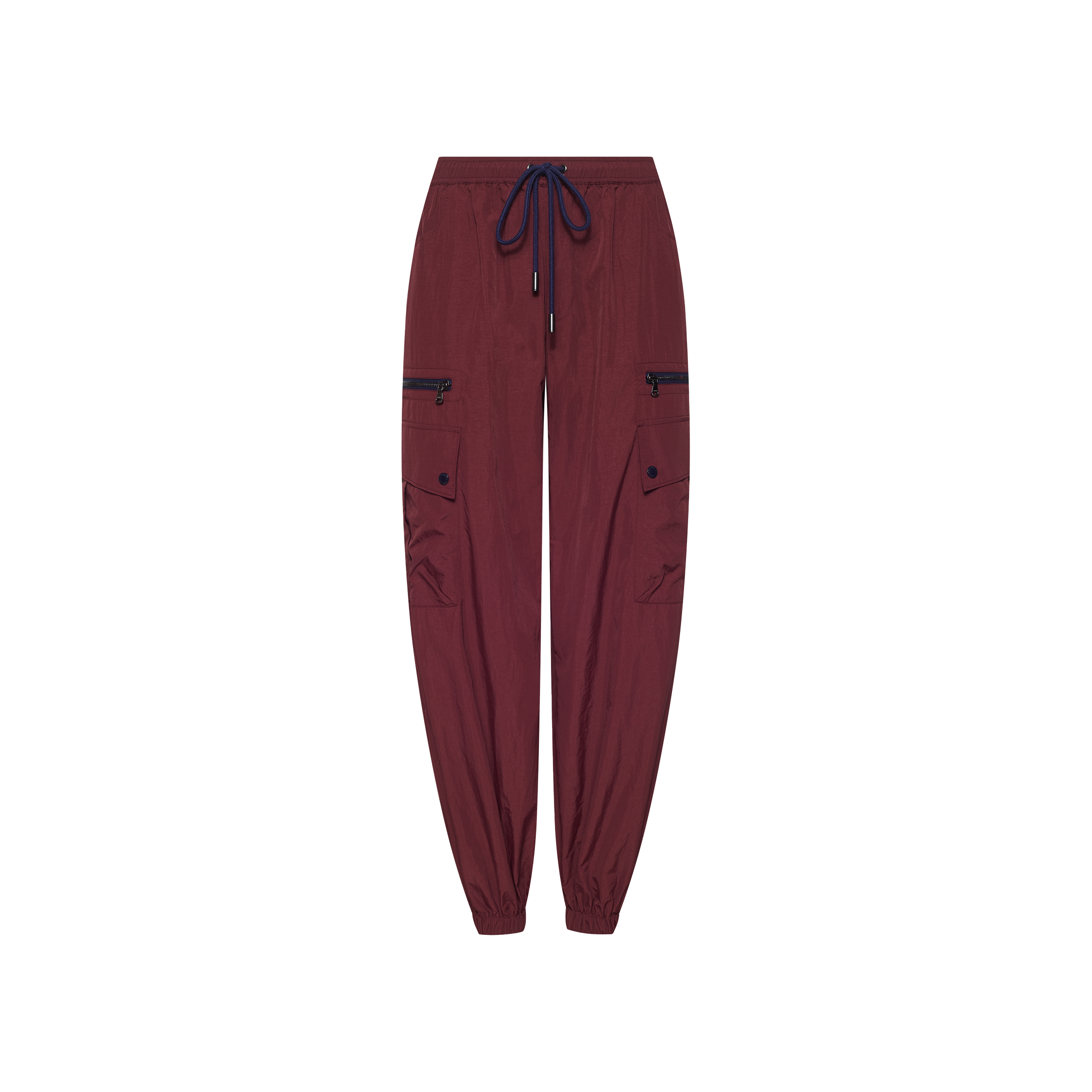 Monrose Nylon Jogger maroon water-repellant cargo pants featuring a navy drawstring waist, zippered side pockets, and utility pockets on the thighs.
