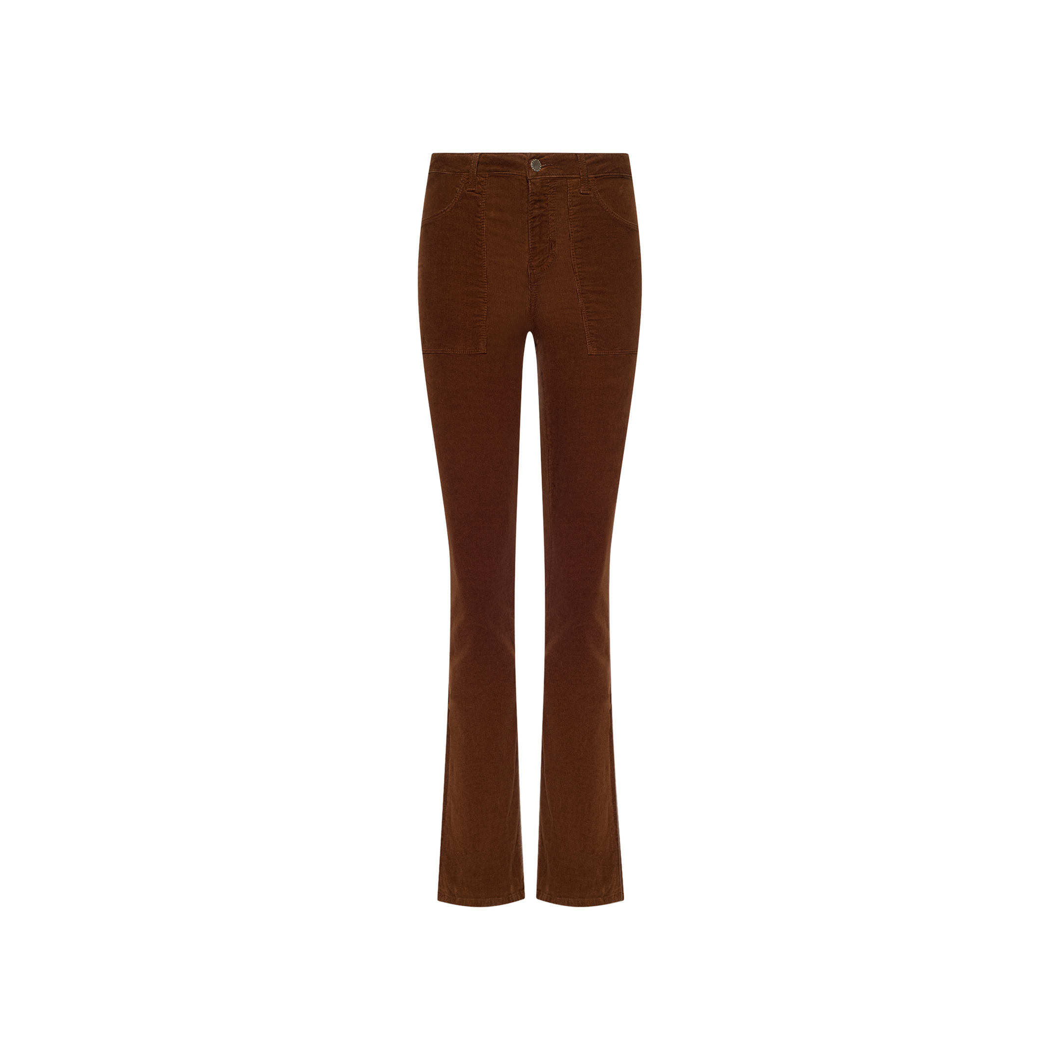 The Saffia Corduroy Pant features a high-rise silhouette in brown stretch corduroy with front pockets and slightly flared legs, displayed on a white background.