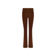 The Saffia Corduroy Pant features a high-rise silhouette in brown stretch corduroy with front pockets and slightly flared legs, displayed on a white background.