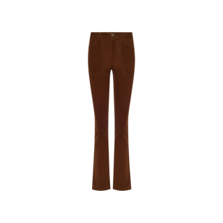 The Saffia Corduroy Pant is a pair of brown high-rise pants crafted from stretch corduroy fabric, featuring front pockets and a slight flare at the bottom, displayed on a plain white background.