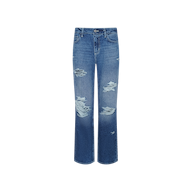 Zelda Slouchy Straight Jean in blue denim with a high waist and slouchy-straight silhouette, featuring destructed details and ripped patches on the front. Classic pockets and belt loops complete the look, shown against a plain white background.