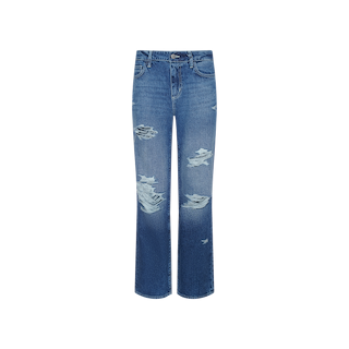 The Zelda Slouchy Straight Jean features a relaxed, slouchy-straight fit with a straight-leg cut and distressed, ripped patches on both legs, crafted from destructed blue denim. Shown against a plain white background for effortless style.