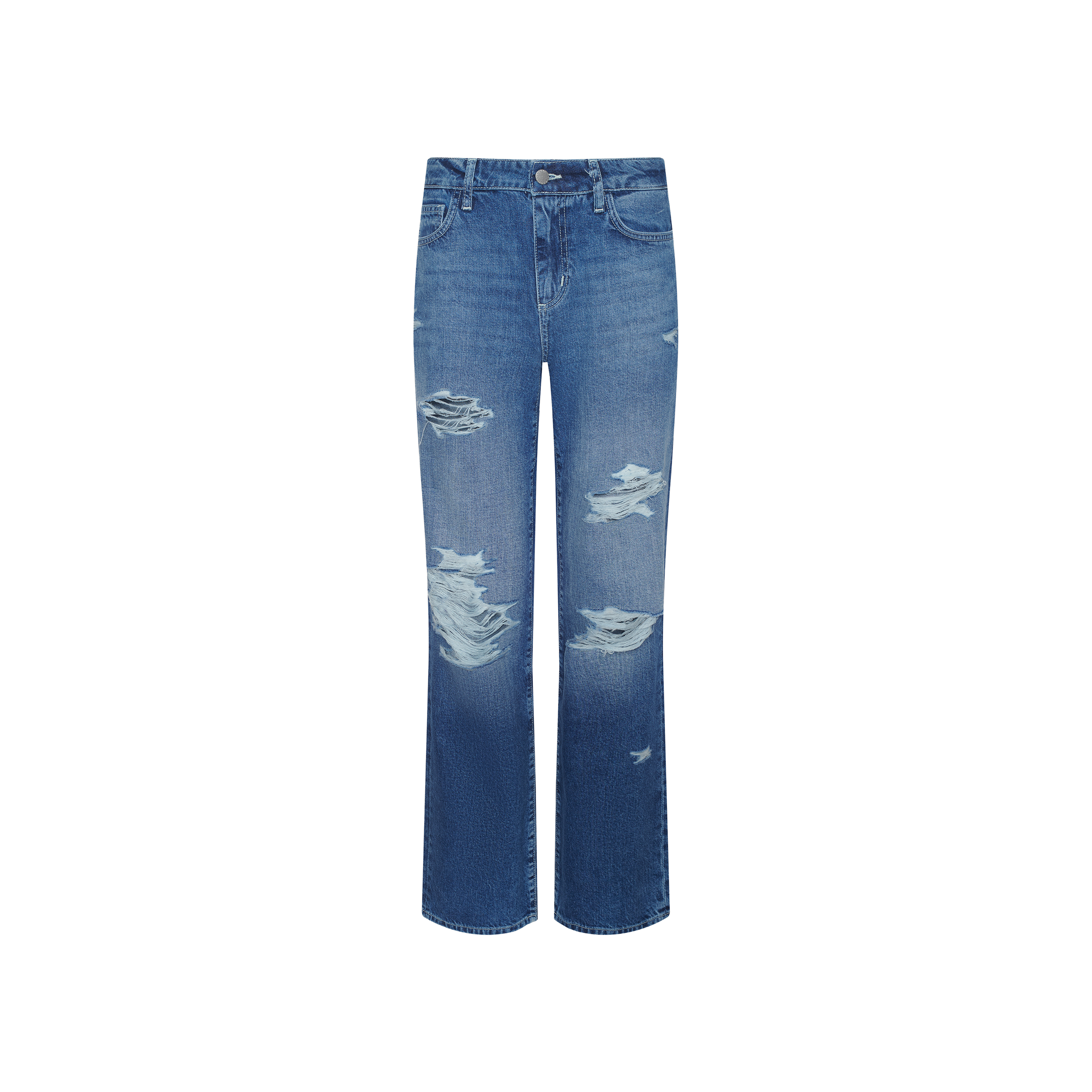 Zelda Slouchy Straight Jean in blue denim with a high waist and slouchy-straight silhouette, featuring destructed details and ripped patches on the front. Classic pockets and belt loops complete the look, shown against a plain white background.